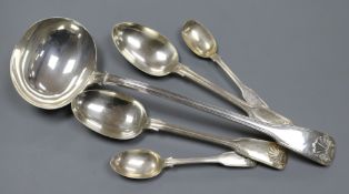 A George IV silver fiddle, thread and shell pattern soup ladle, London, 1827 and four other silver
