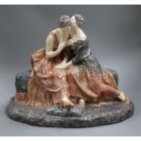 A signed Bardery, a French glazed pottery figure group of two girls 35cm high, 40cm wide