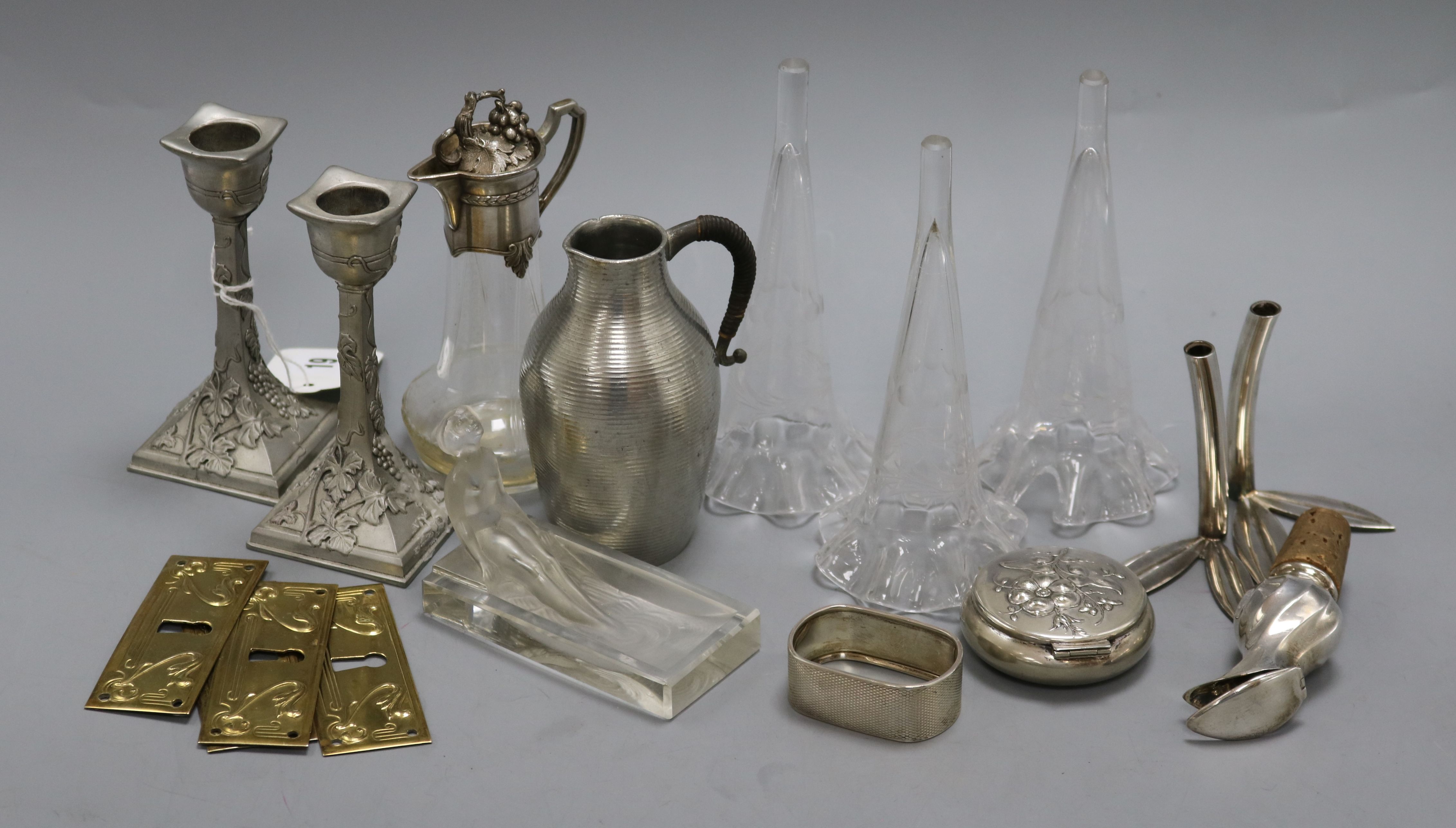 A collection of WMF style metalware, three glass epergne flutes etc.