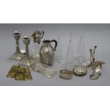 A collection of WMF style metalware, three glass epergne flutes etc.