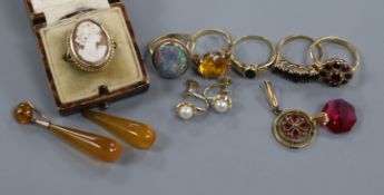 Six assorted gem set rings including five 9ct gold and other items including unmounted white opal