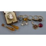 Six assorted gem set rings including five 9ct gold and other items including unmounted white opal