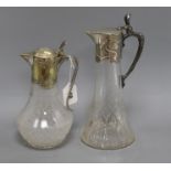A WMF Art Nouveau claret jug and a smaller similar jug tallest 30cm