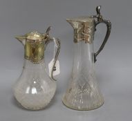 A WMF Art Nouveau claret jug and a smaller similar jug tallest 30cm