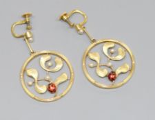 A pair of yellow metal, seed pearl and enamel set 'ladybird' circular drop ear clips, 25mm.
