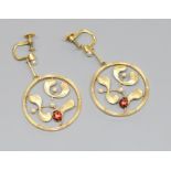 A pair of yellow metal, seed pearl and enamel set 'ladybird' circular drop ear clips, 25mm.