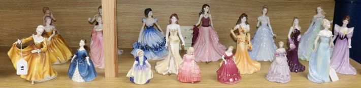 Four Royal Doulton porcelain figures, twelve Coalport figures and three others (19)