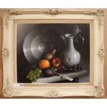 Reekie, oil on canvas, still life of fruit and pewter vessels, signed, 44 x 65cm.