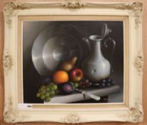 Reekie, oil on canvas, still life of fruit and pewter vessels, signed, 44 x 65cm.