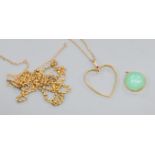A 15ct and gem set openwork heart pendant, one other pendant and three 9ct gold chains.