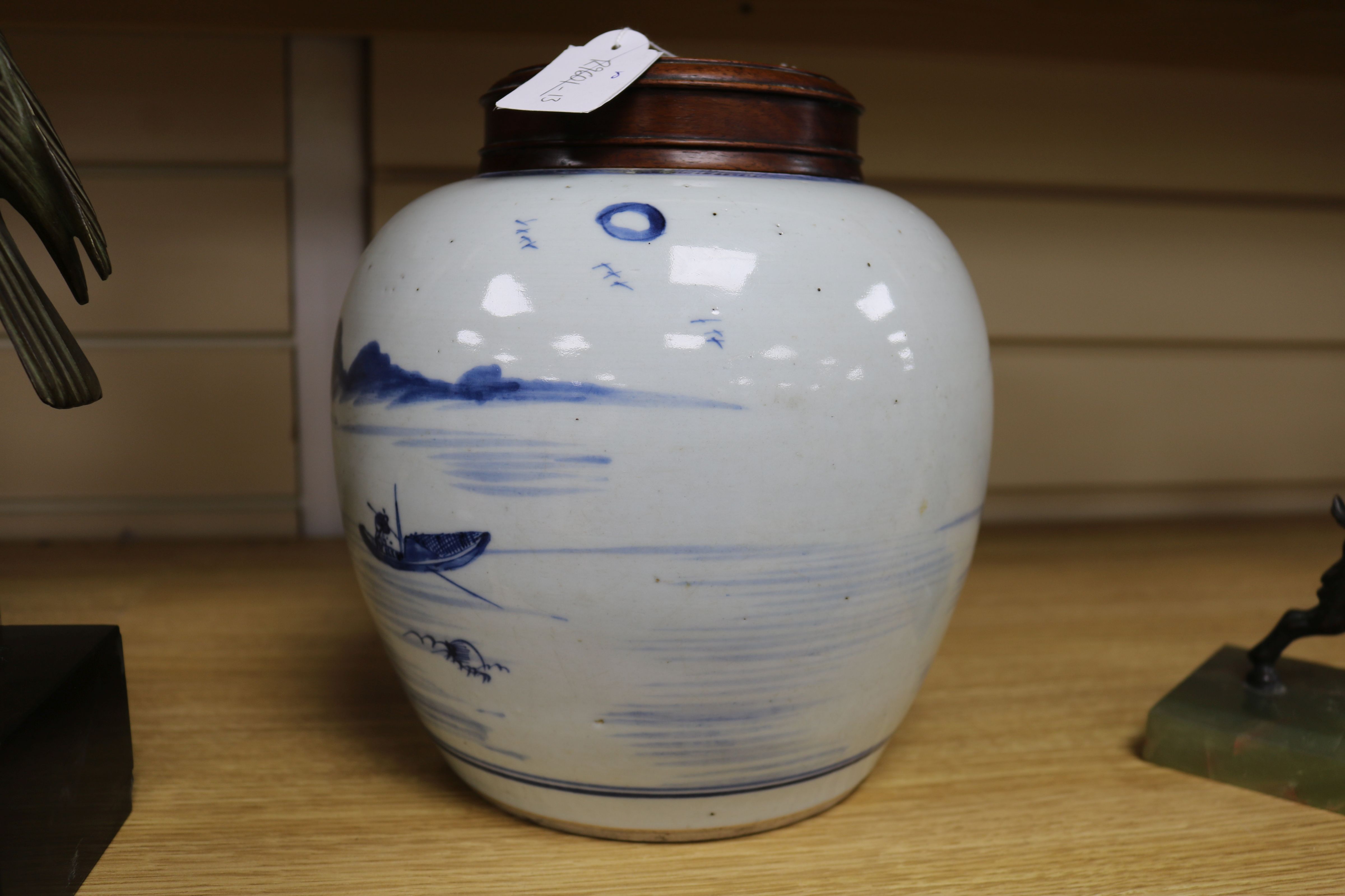 A Chinese blue and white ovoid jar, 18th century, painted with sages in a river landscape scene with - Image 9 of 11