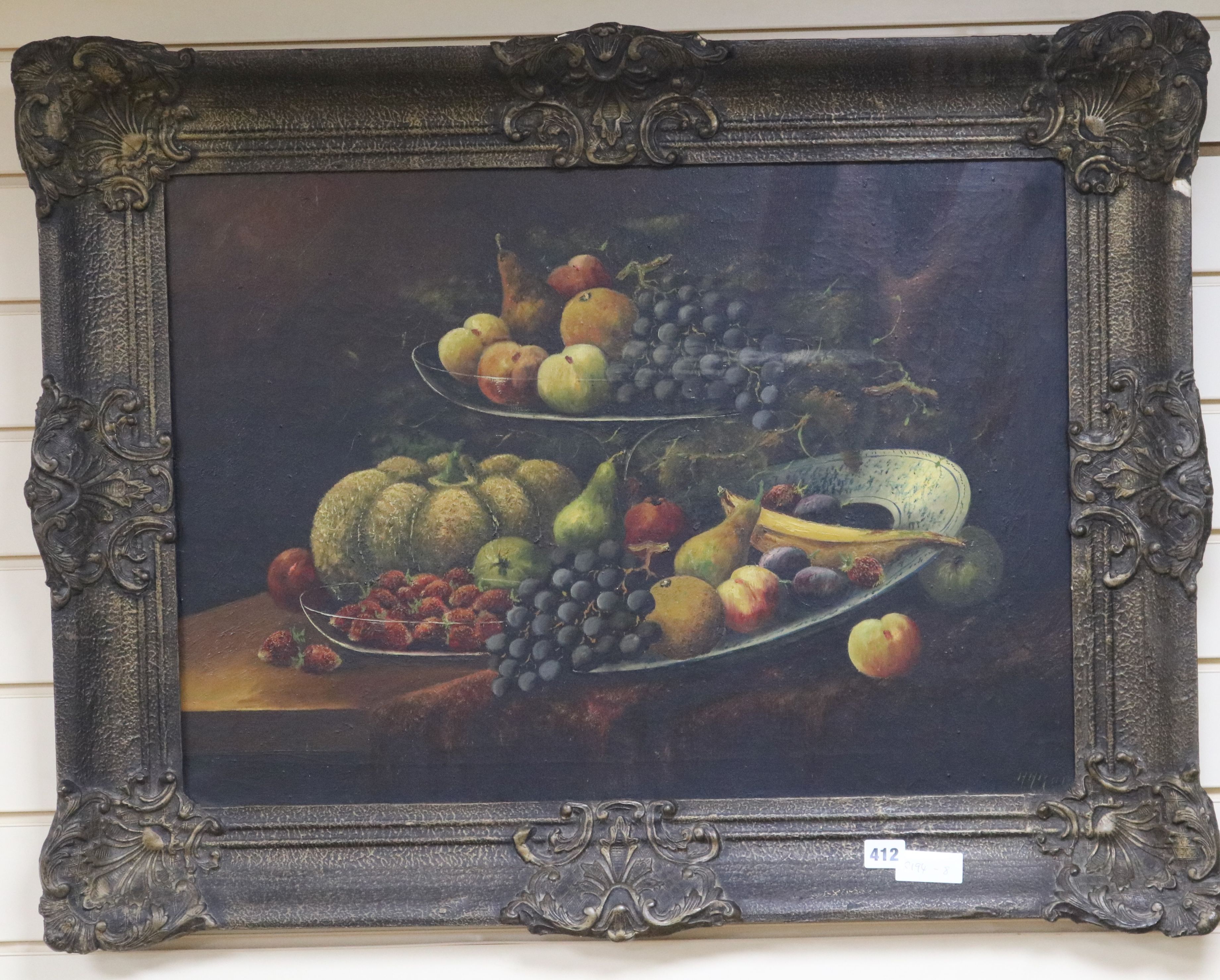 H. H. 1901, oil on canvas, Still life of fruit on a table top, initialled and dated, 50 x 70cm