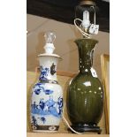 A blue and white Chinese vase converted to a lamp and another green vase / lamp