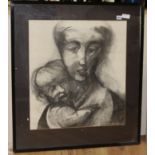 English School, mid 20th century, charcoal abstract portrait, mother and child 64 x 58cm.