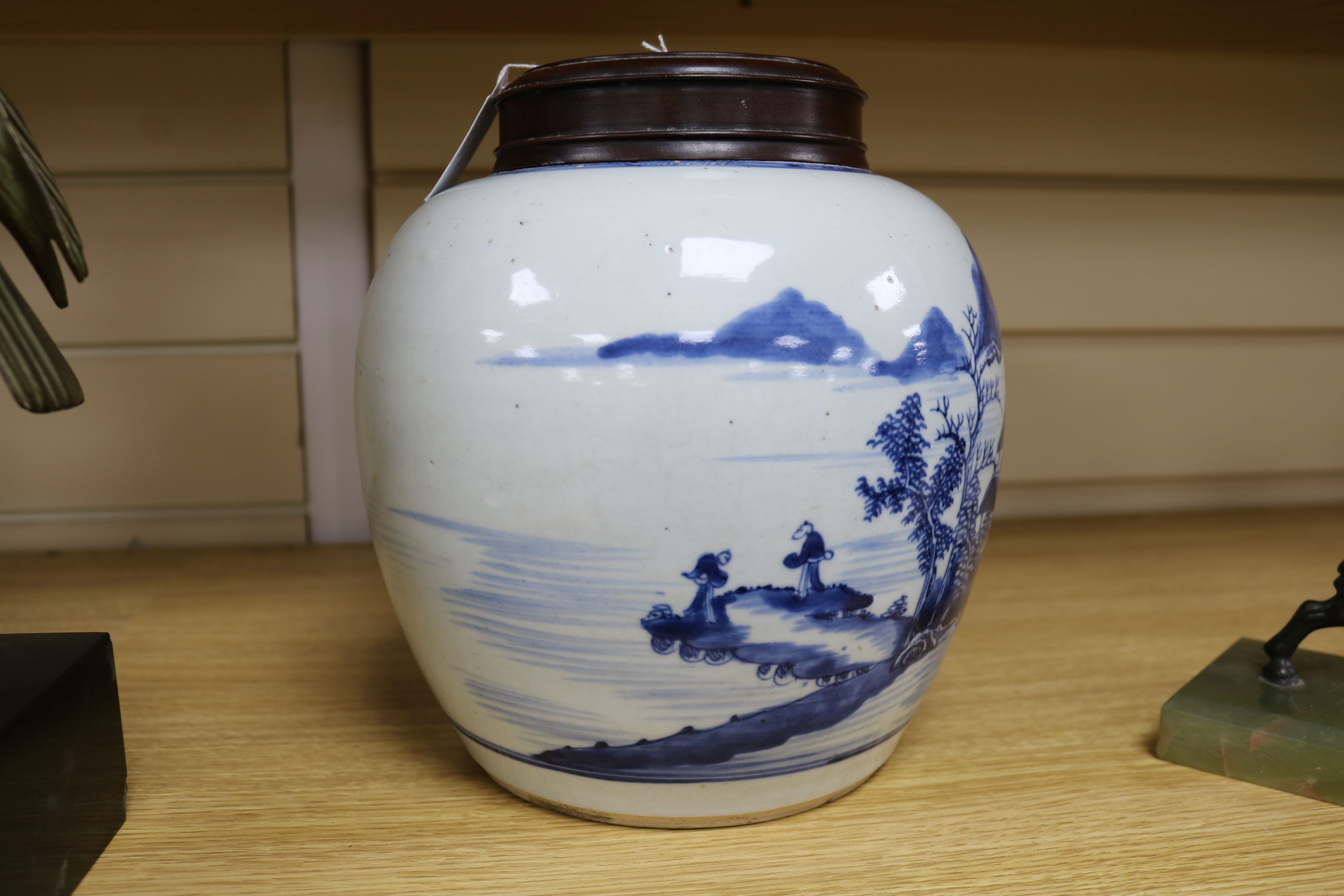 A Chinese blue and white ovoid jar, 18th century, painted with sages in a river landscape scene with - Image 10 of 11