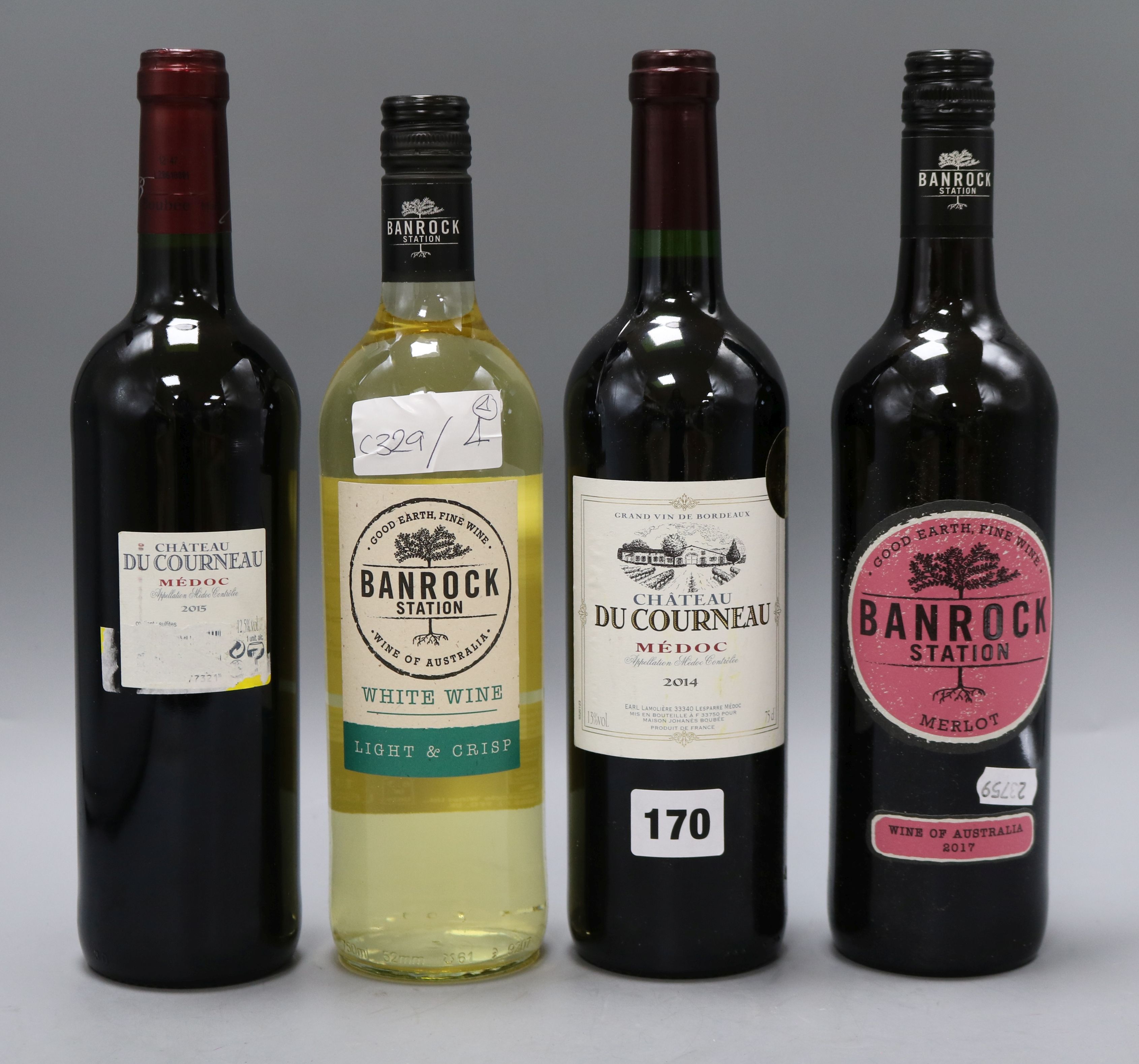 Four bottles of mixed wine, two Medoc 2015, one Chateau du Courneaux, 2014 gold medal and one