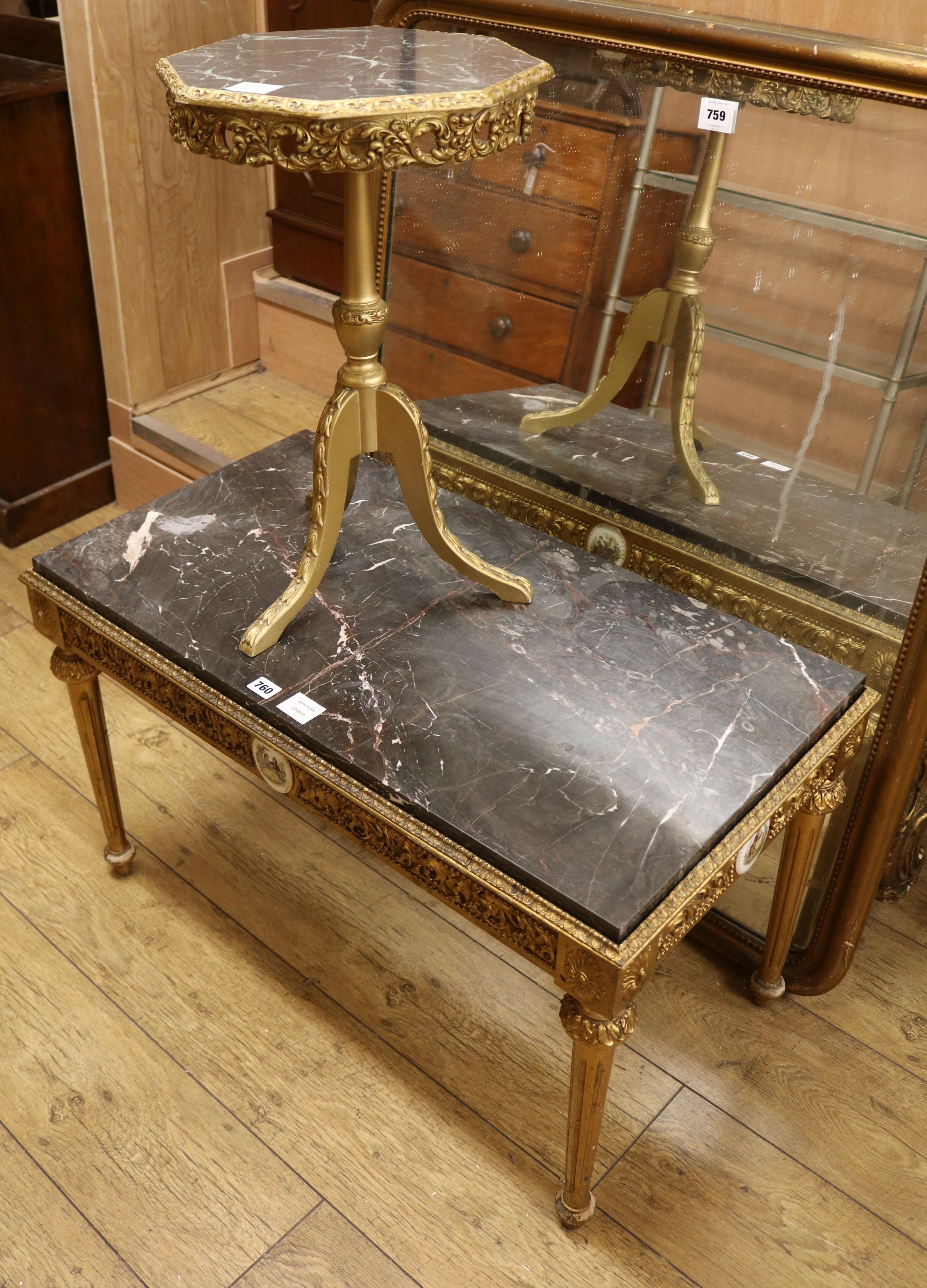 A rectangular topped giltwood coffee table and a hexagonal topped wine table (2) W.87cm and 35cm