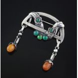 An early 20th century Georg Jensen 828S, green chalcedony and amber demi-lune drop brooch, no. 8,