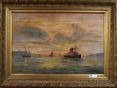 E.Beason, oil on canvas, Liner and other shipping at sunset, signed and dated 1913, 60 x 90cm