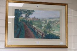 E W Bawle, gouache, Valley scene signed, 42 x 67cm.