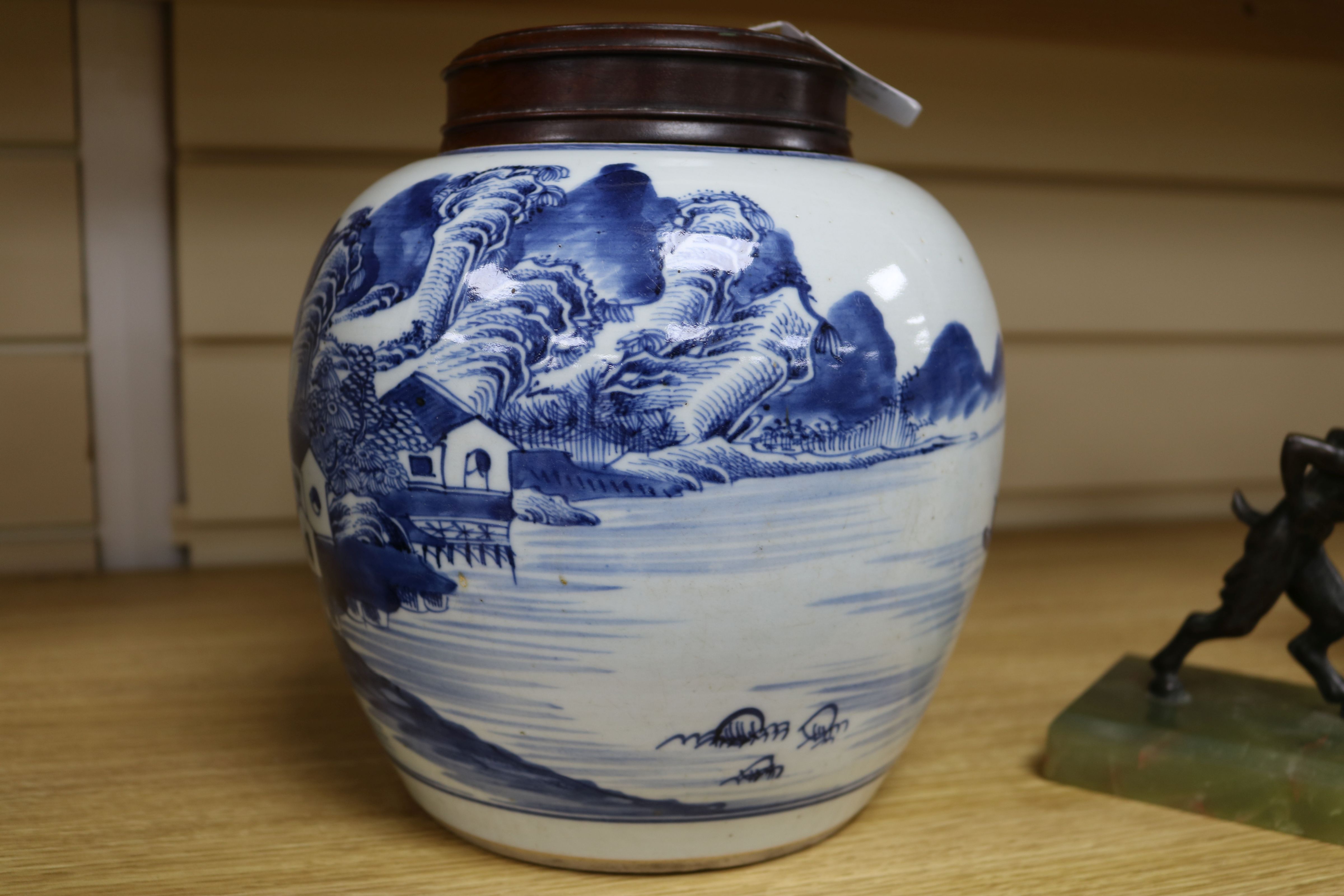 A Chinese blue and white ovoid jar, 18th century, painted with sages in a river landscape scene with - Image 8 of 11