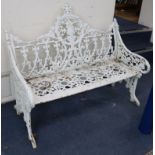A Victorian Coalbrookedale design white painted cast iron Gothic garden bench W.120cm