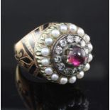 A 19th century French? gold and silver, cabochon garnet, split pearl diamond and black enamel