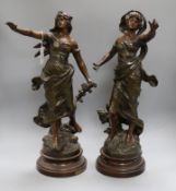 A pair of 19th century French bronzed spelter figures tallest 52cm