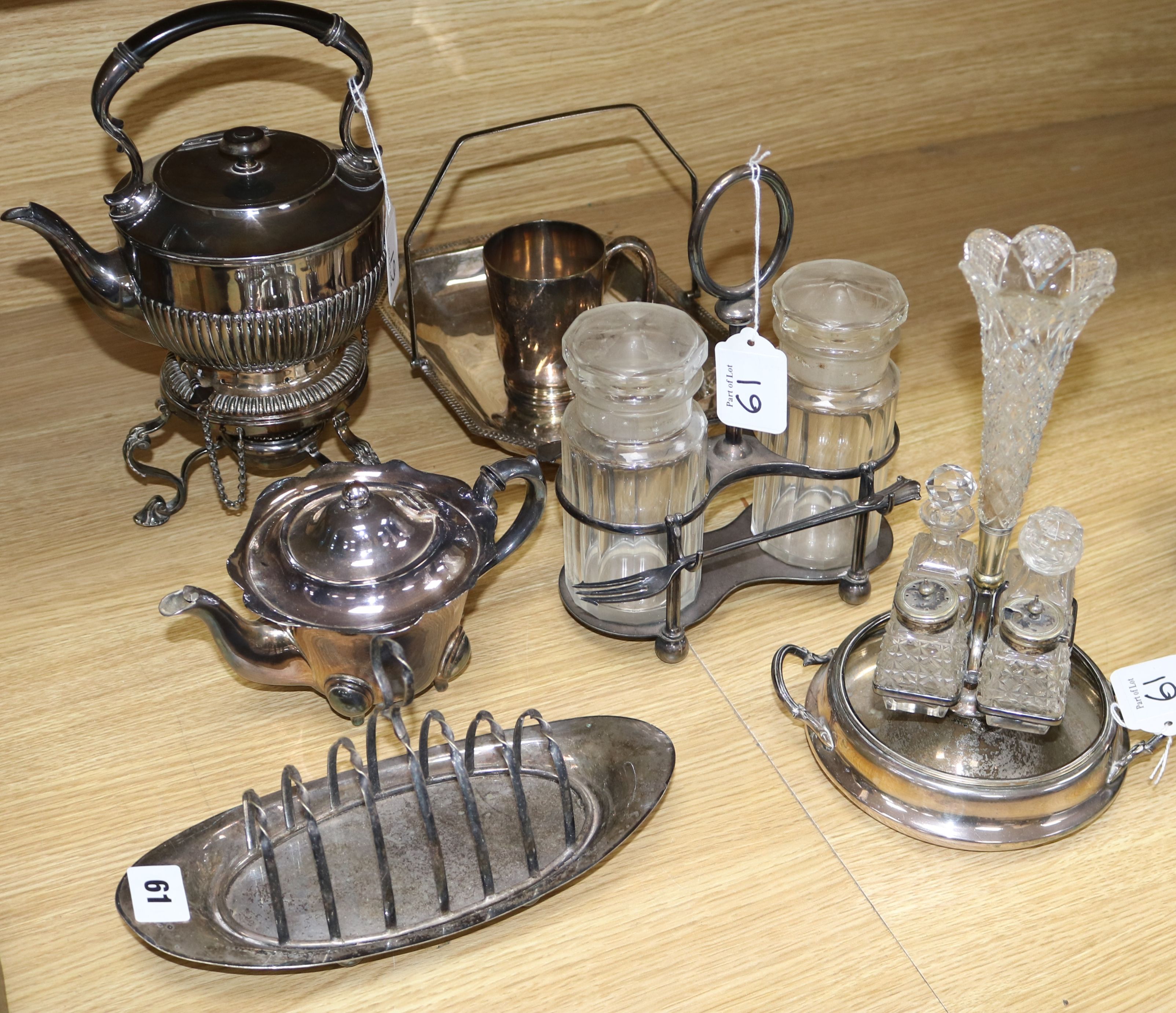 Assorted plated items including cruet epergne, tea kettle on stand etc.