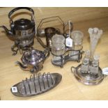 Assorted plated items including cruet epergne, tea kettle on stand etc.