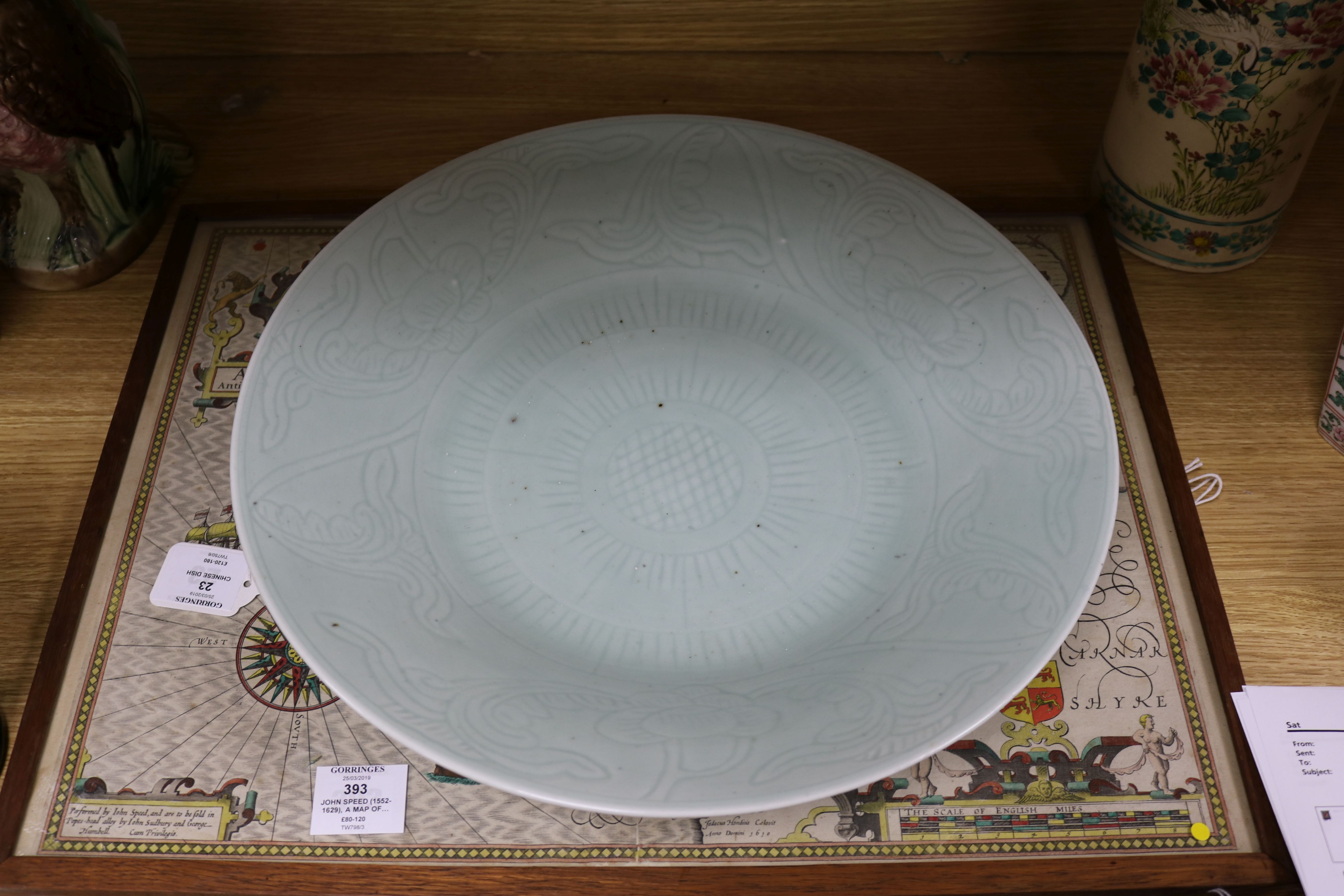 A Chinese celadon glazed dish, 19th century, the centre incised with a flowerhead, 5the borders with - Image 2 of 5