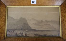 Early 19th century School, ink and watercolour, Travellers in a mountain landscape, 17 x 30cm