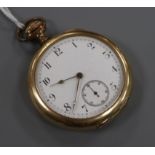 An American Waltham gold plated open face keyless pocket watch.