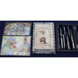 A miniature of a child, cased drawing set etc
