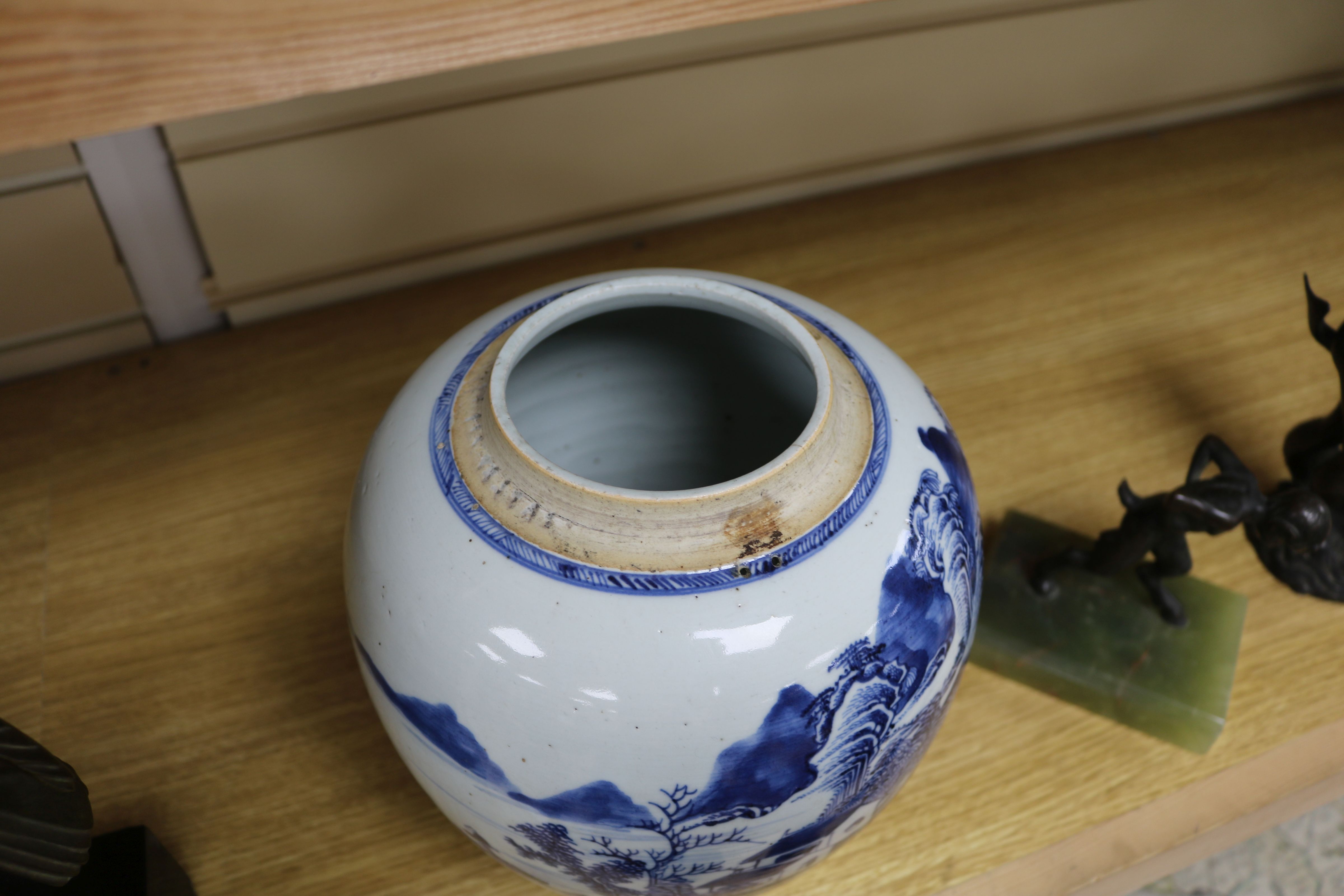 A Chinese blue and white ovoid jar, 18th century, painted with sages in a river landscape scene with - Image 5 of 11