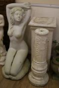 A reconstituted stone baluster pedestal and a square section pedestal, on plinth (2) W.35cm and