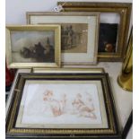 Five assorted paintings and prints including an oil still life of fruit