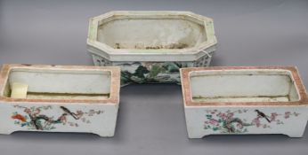 A pair of Chinese famille rose narcissus pots, Tongzhi mark and period and a Chinese enamelled