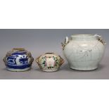 Three Chinese porcelain jars, Qing Dynasty - one crackleglaze, a blue and white and a famille rose