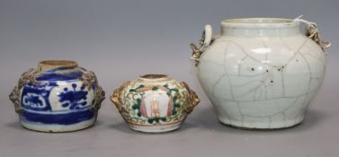 Three Chinese porcelain jars, Qing Dynasty - one crackleglaze, a blue and white and a famille rose