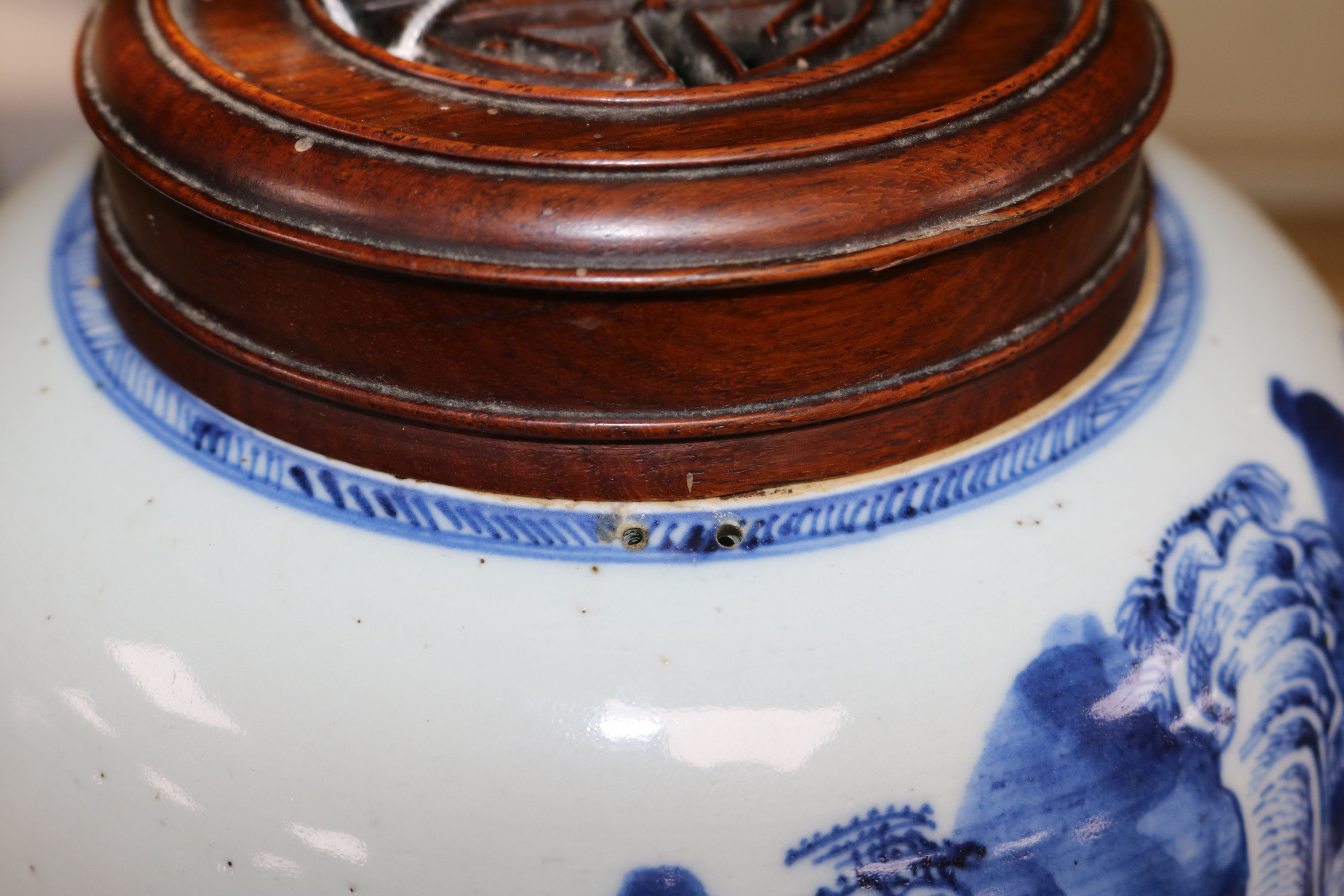 A Chinese blue and white ovoid jar, 18th century, painted with sages in a river landscape scene with - Image 6 of 11