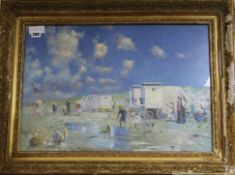 Russian School, oil on canvas board, Figures and bathing huts on a beach, 41 x 59cm