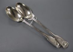 A pair of early Victorian silver fiddle, thread and shell pattern basting spoons by William Eaton,