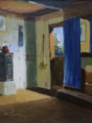 Osvald Rasmussen (1885-1972), oil on canvas, Cottage interior, signed, 34 x 26cm