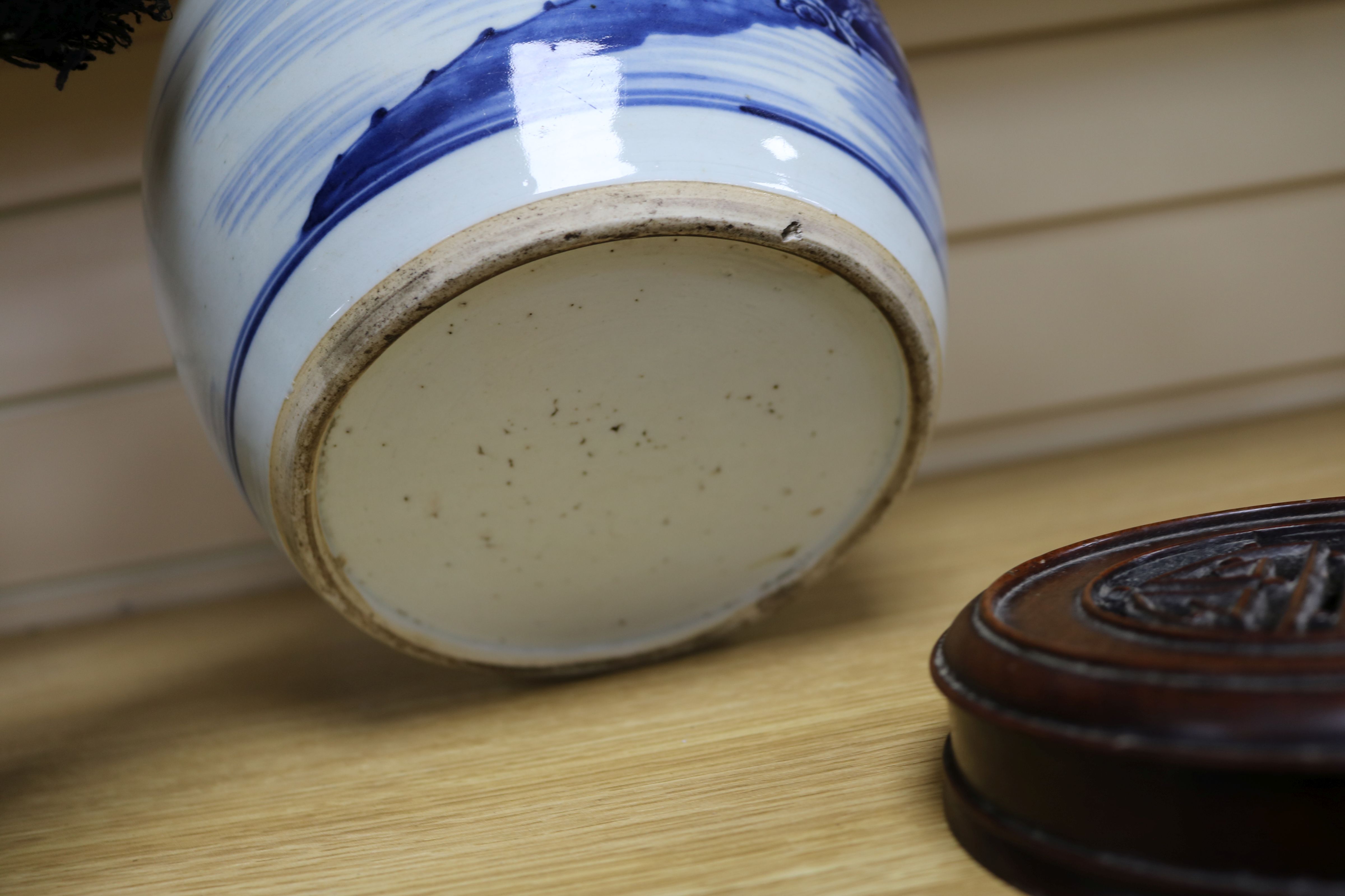 A Chinese blue and white ovoid jar, 18th century, painted with sages in a river landscape scene with - Image 11 of 11