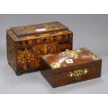 A Victorian parquetry tea caddy and a Victorian walnut casket