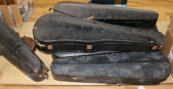 Three half size violins, a quantity of bows and six violin cases