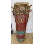 A vintage African animal skin drum height 89cm