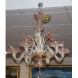 A Bohemian pink and clear glass six branch ceiling chandelier