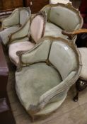 A Louis XV style three piece suite and a gilt carved wood single chair (4)